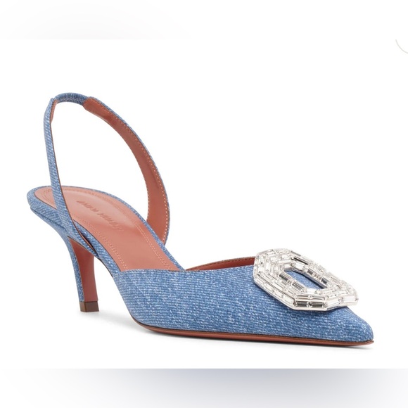 Amina Muaddi Shoes - Amina Muaddi 60mm Camelia Slingback Pointed Toe Pumps Denim Size 40 New